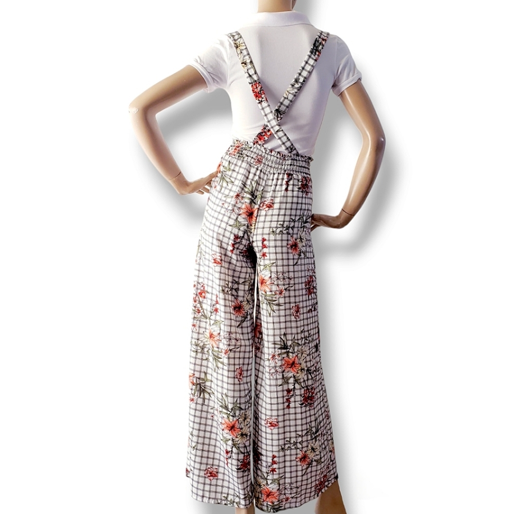 Common Crush Floral Windowpane High Waist, Wide Leg, Criss Cross Overall Pants - Picture 7 of 8
